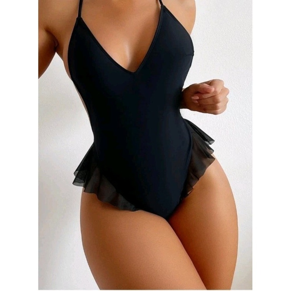 D Apparel M Backless Cross Back Cut out One Piece Swimsuit Womens Ruffle Mesh